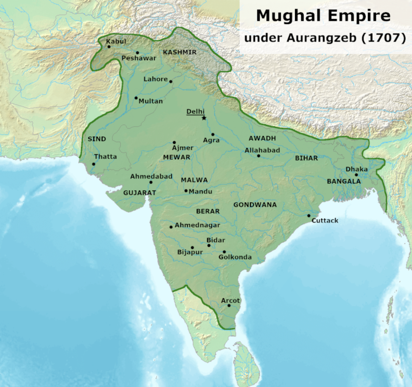 Extent of Mughal Empire under Aurangzeb