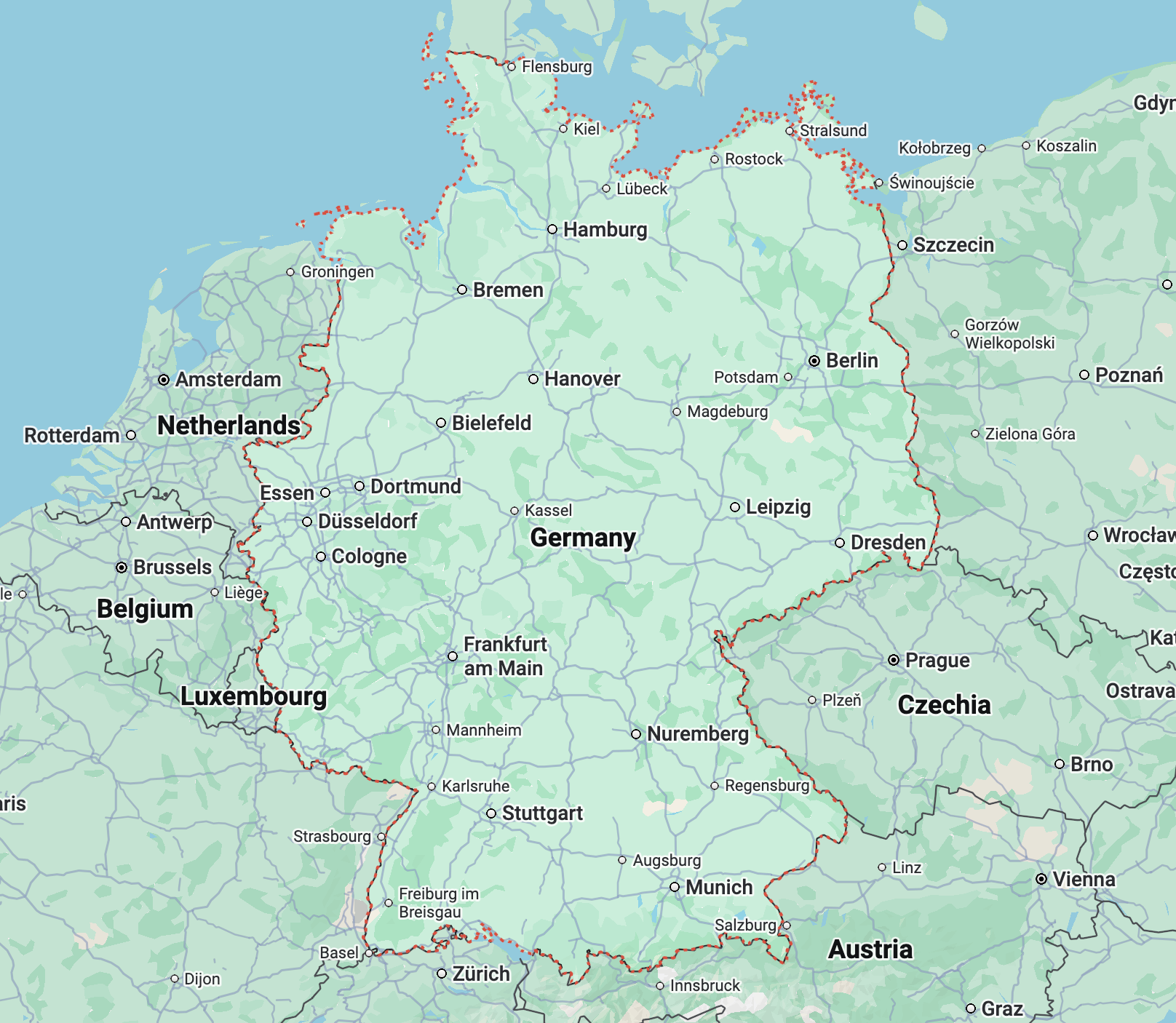 Modern political map of Germany and surrounding European countries