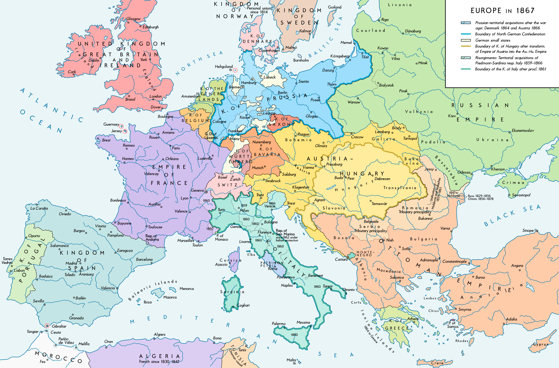 Map of Europe in 1867 showing the North German Confederation and surrounding European states