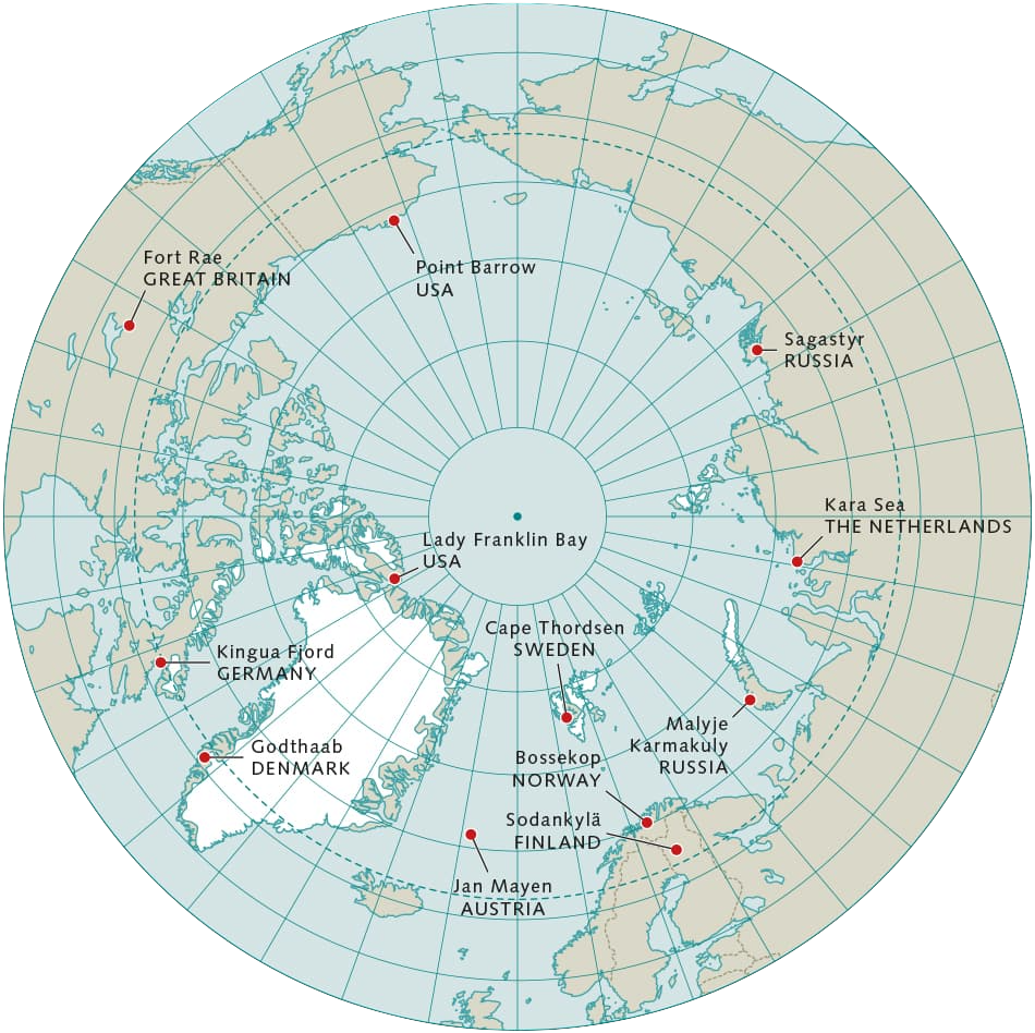 Map of the Arctic region, highlighting Greenland and surrounding areas.