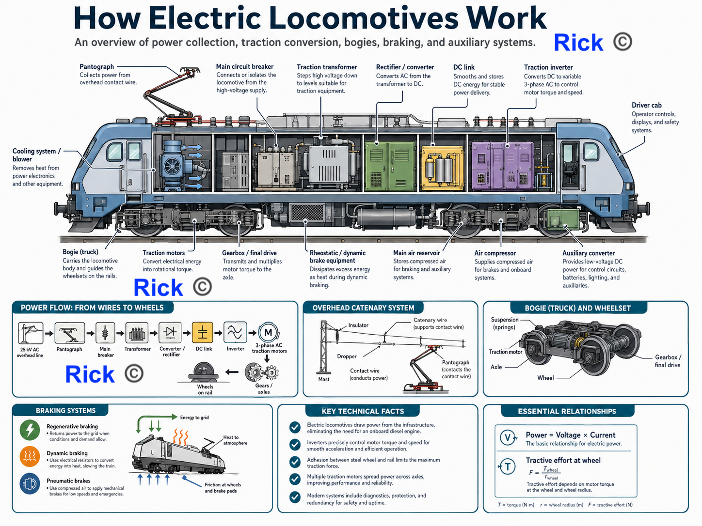 Diagram showing how an electric locomotive's power and traction systems work together