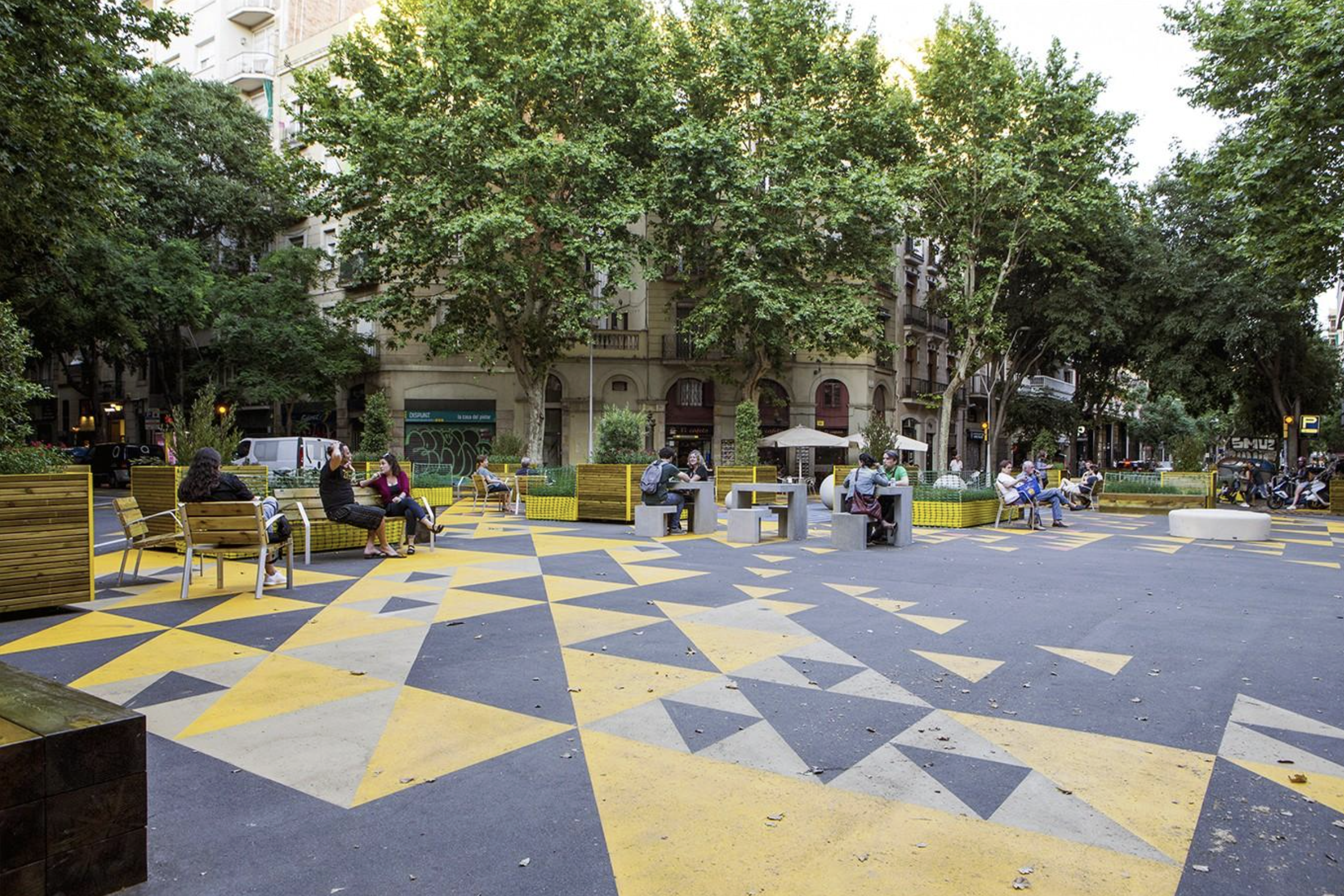 People sitting in Sant Antoni superblock